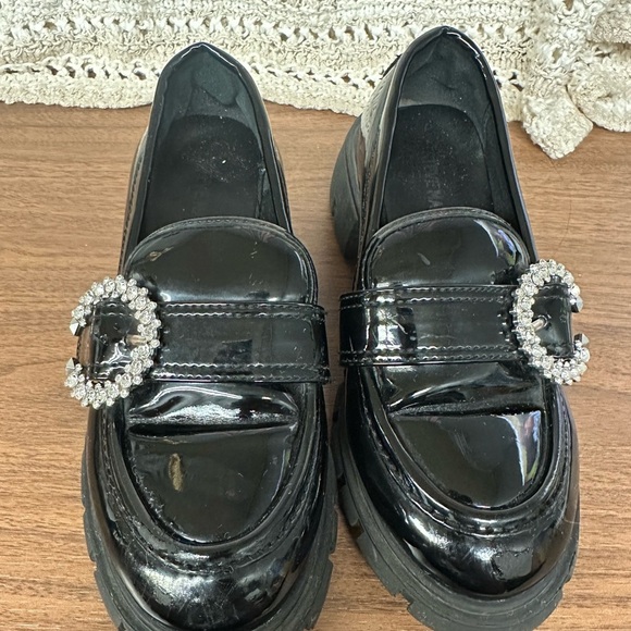 Steve Madden Hailey Chunky Heel Black vegan Patent Bling Buckle size 13 - Picture 2 of 10